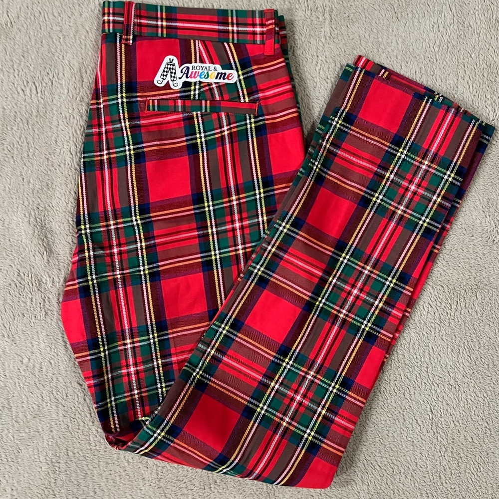 Royal & Awesome Stewart Tartan Plaid Flat Front Golf Pants Trousers 34x32